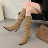 Fashion Boots Pointed Thin Heel Belt Buckle Pleated Heap Boots Women's 2025 Autumn New Temperament Thin High Heel Boots