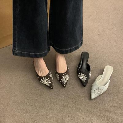 Баотоу на толстом каблуке, полушлепанцы и женская обувь. Весенне-осенние коричневые туфли-лодочки со стразами.