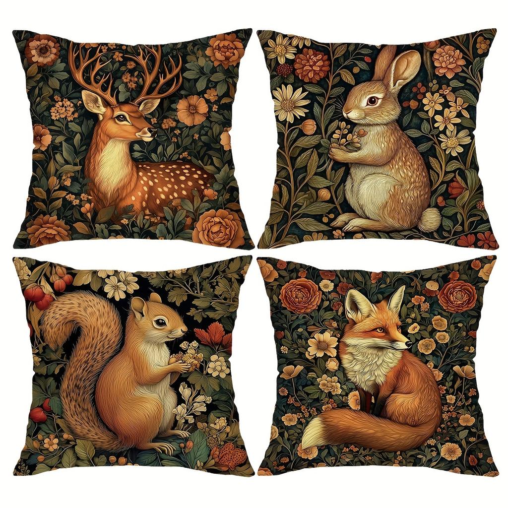 Vintage Floral Animal Pillow Covers SquirrelDeerRabbitFox Polyester Washable Cottagecore Home Decor