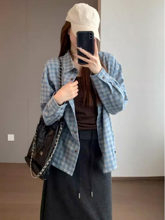 Blue Plaid Heart Embroidered Thick Cotton Long Sleeve Shirt - New Winter Arrival