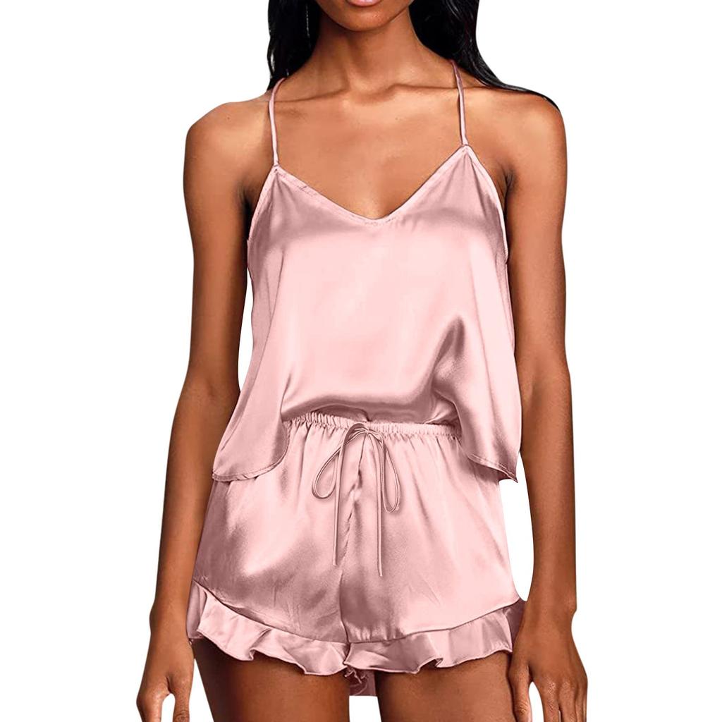 Пижама для женщин комплект из атласа 2 предмета шелковый топ и шорты повседневная мода с оборками мягкая одежда для сна