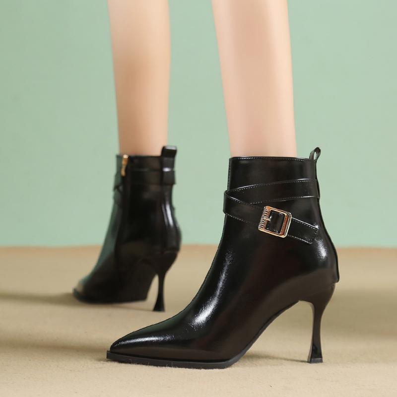 Мода 2024 года, высококачественная женская обувь, женские ботинки с боковой молнией, модные ботильоны с пряжкой для офиса и карьеры, сексуальные ботильоны с острым носком