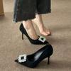 Cm Small Single Shoes Women's Spring and Summer New Black Suede Pointed Head Shallow Mouth Stiletto High Heels Women's Buckle Rhinestone Cm Shoes