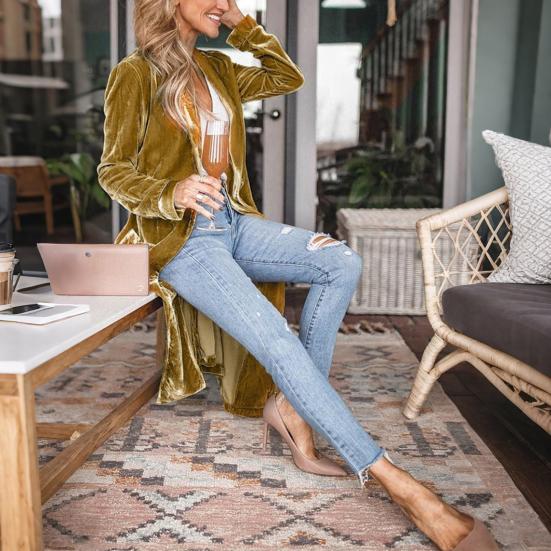 Женский кардиган, пальто с лацканами, длинный рукав, открытая передняя часть, золотистая бархатная ткань, куртка, однотонная, средней длины, верхняя одежда