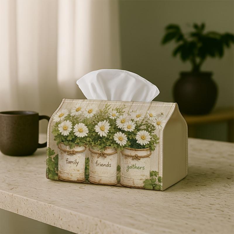 1pc Floral Family Tissue Box Cover - Daisy Pots Fresh Design, Waterproof, Multi-Purpose for Home & Car Decor, Desktop, Creative, Napkin Box