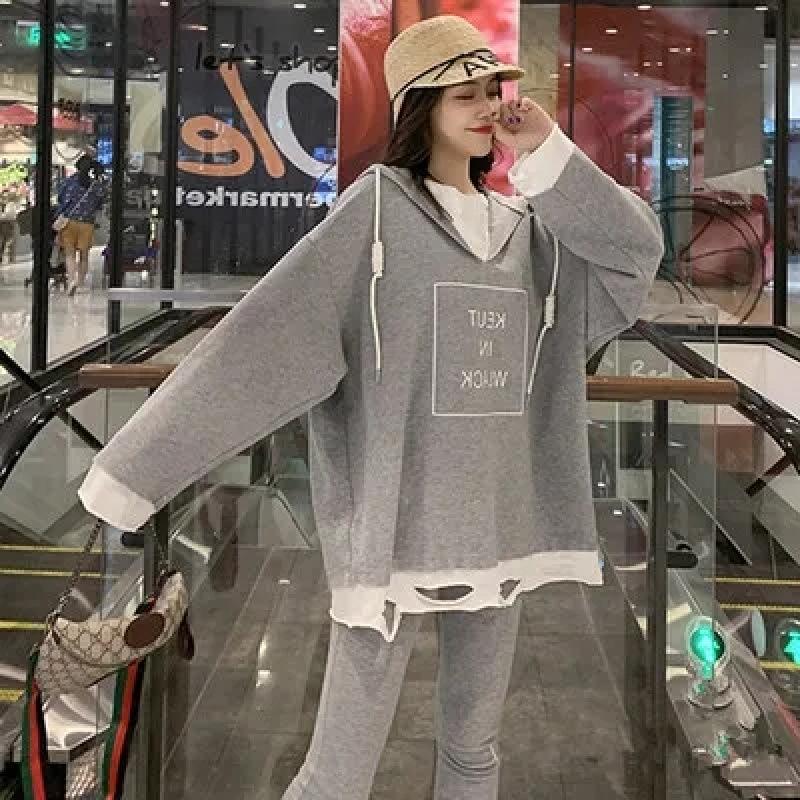 Женский осенний рваный худи с капюшоном и утягивающие леггинсы, комплект из двух предметов