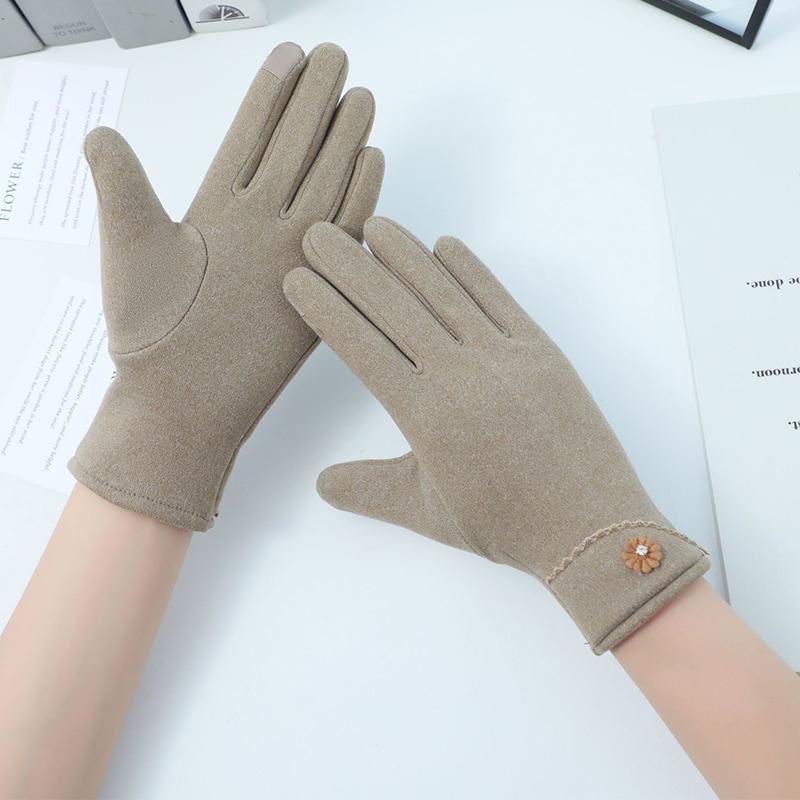 Solid Color Suede Gloves Small Flower Decor Touch Screen Gloves Winter Warm Cold-proof Split Finger Gloves