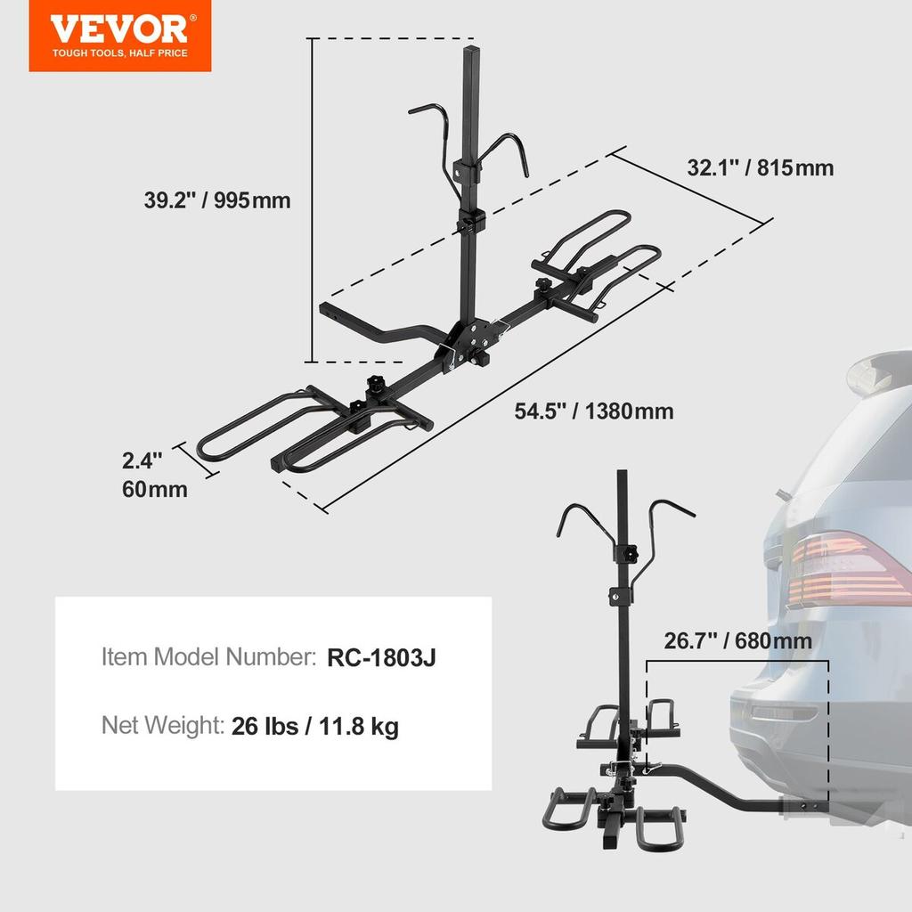 Hitch Mount Bike Rack, 2-Bike Platform Style, 80 LBS Max Capacity Bike Rack Hitch for 1.25-/2-inch Receiver, Titling and Folding Bike Carrier with