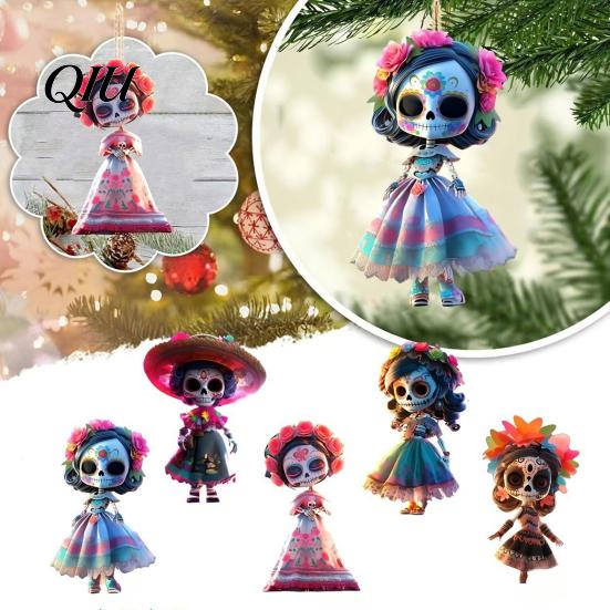Wide-brimmed Hat Skeleton Decor Day of The Dead Hanging Decoration, 2D Flat Wooden Undead Themed Ornament with Dress for Tree Mexican