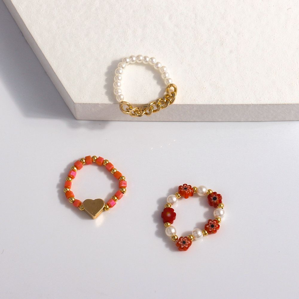 Cute Elastic Pearl Bohemia Love Heart Flower Party Jewelry Women Ring Finger Ring Set Beaded Rings