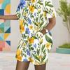 Women Plus Size Yellow White Printed Round Neck Short Sleeve Top Pocket Shorts Two Piece Set