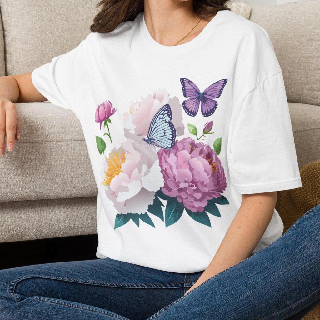 Watercolor Butterflies and Peonies T-Shirt | Floral Butterfly Tee Gift for her Mom Grandma Family Friend Sister Crew Team Party Aunt