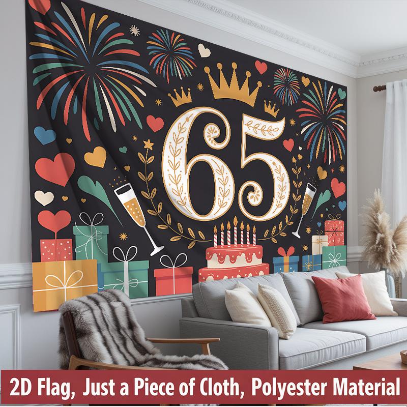 Happy 65th Birthday, 1pc Polyester Party Backdrop Banner, Photo Booth Background, Wall Decor