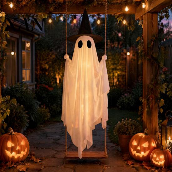 Halloween Hanging Ghost Decorations Luminous Swing with Witch Hat, Remote-controlled Adjustable Easy Assembly Props Brightness, Flying Ornament