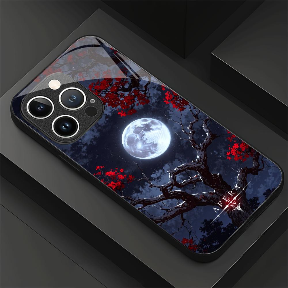 Red Maple Leaves Under a Full Moon Black Glass Case For iPhone 17 16 Pro Max 15 Pro 14 Pro 13 Pro Anti Drop Protective Shell