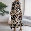 Lady Spring Fall Dress V Neck Floral Print Long Sleeves High Tight Waist A-line Flowy Ruffle
