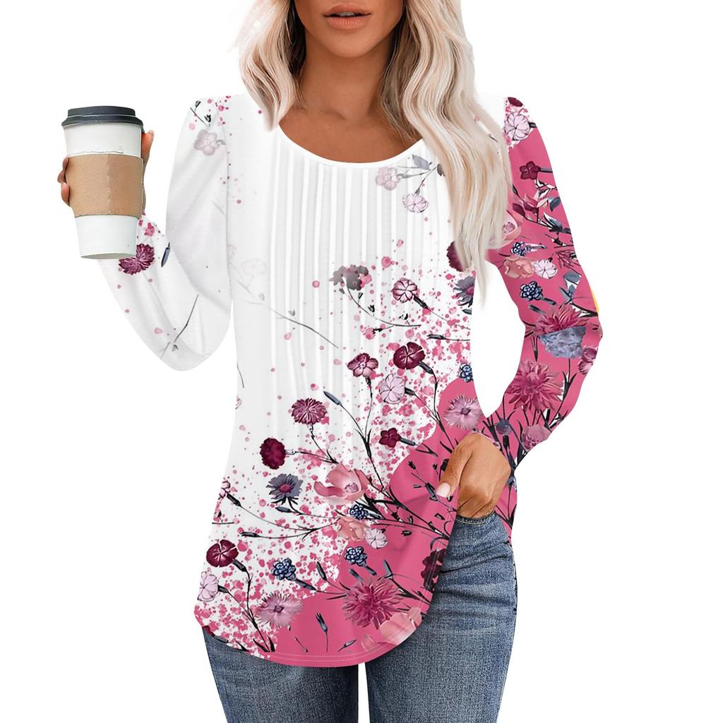 Рубашки с длинным рукавом для женщин, топы, нарядные повседневные блузки, плиссированные топы-туники с круглым вырезом
