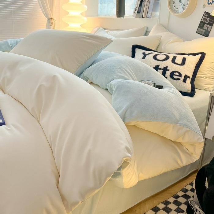 Комплект из четырех предметов из молочного флиса, простыни из стираного хлопка, утолщенный флис, простой полосатый комплект из трех предметов для общежития