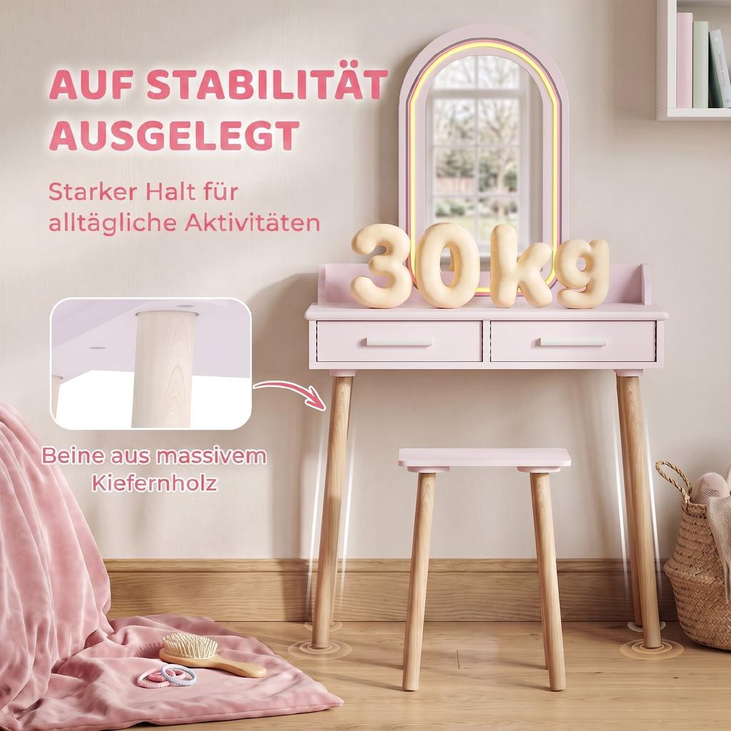 Kids Vanity Table Set 2 in 1 with LED Mirror for Girls Pink