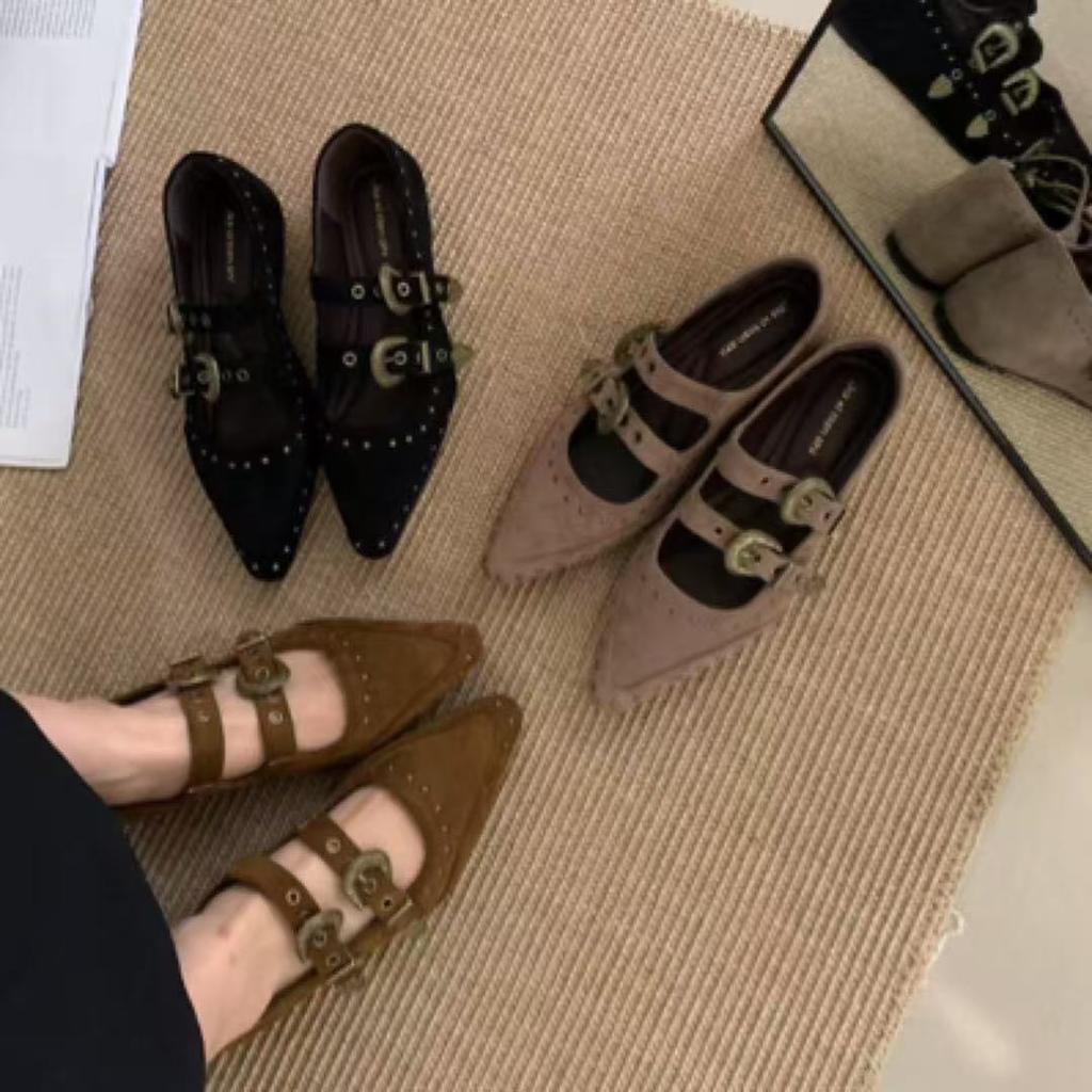 Французские ретро туфли Мэри Джейн с острым носком женские новые замшевые туфли на плоской подошве с юбками универсальные маленькие кожаные туфли