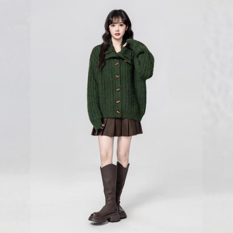 Womens Green High Neck Knit Cardigan Winter Warm Thick Loose Fit Open Front Sweater Coat