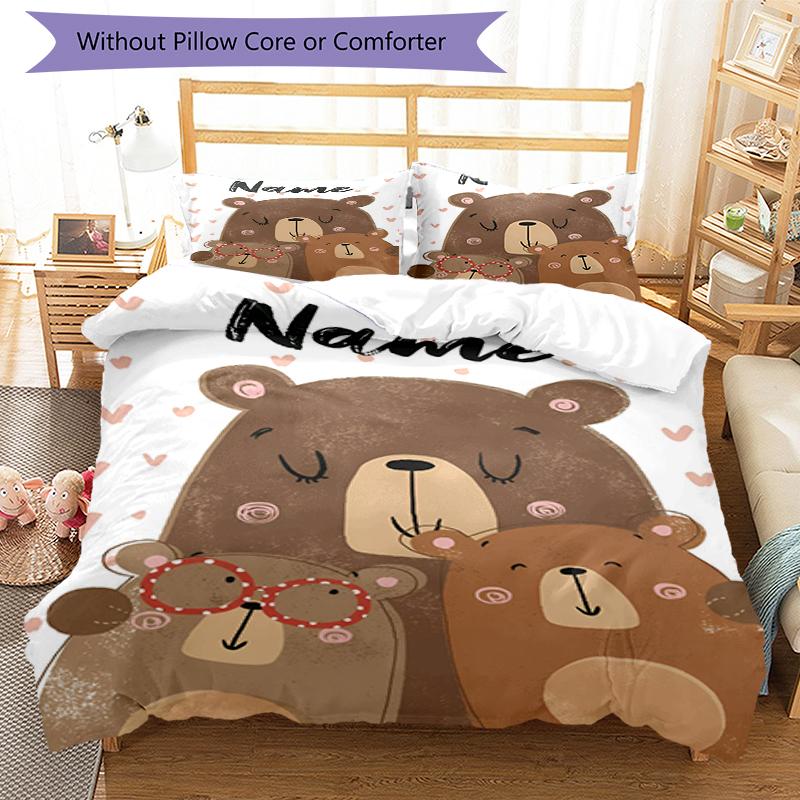 3pcs Custom Name Bear Bedding Set Duvet Cover Closure Includes 1 Duvet Cover & 2 Pillowcases, Soft and Comfortable for All Seasons.