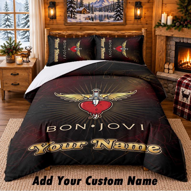 Bon Jovi Pattern Bedding 3Pcs Set Custom Name, Bed Sheet And Pillowcases For Home Bedroom