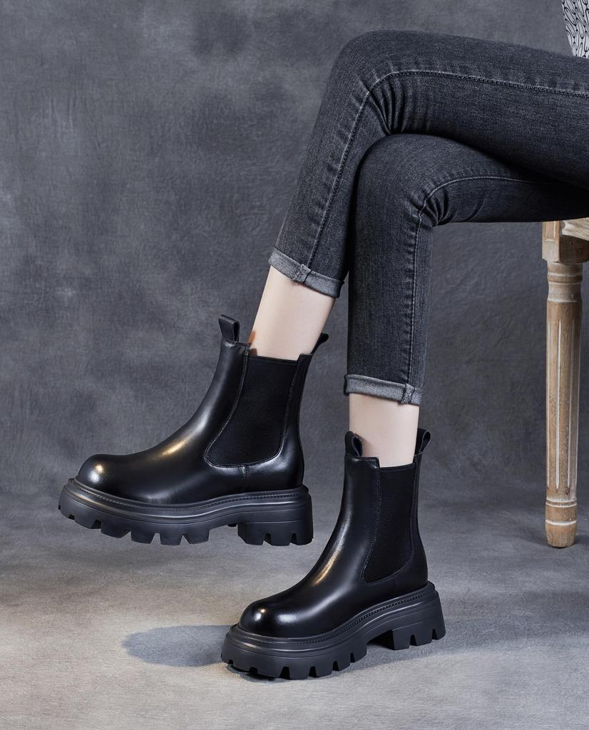 Ботинки женские [ZUYEE] челси короткой высоты из натуральной толстой кожи на резинке по бокам, кожаные, подошва, ботинки, ботинки, улучшение, ноги, черные, 24.5см