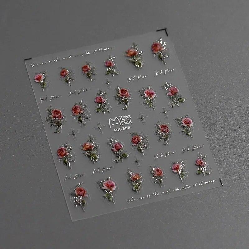 Золото, серебро, розовый, синий, розовые цветы, 3D самоклеящиеся украшения для ногтей, наклейки, модные наклейки для маникюра «сделай сам»,