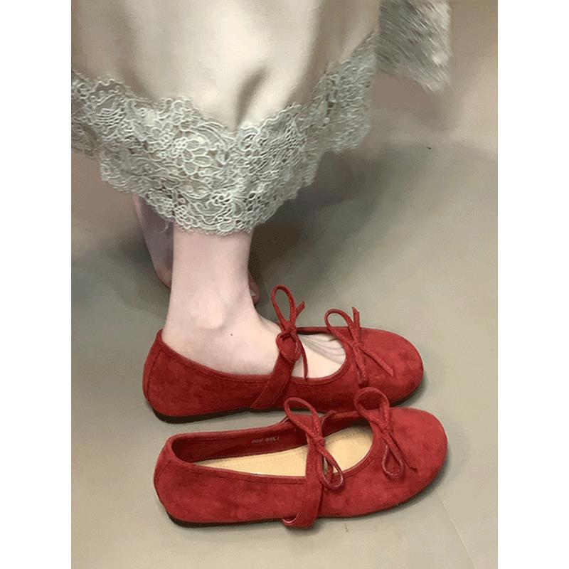 Ballet Word with Bow Single Shoes Women's Spring and Autumn Soft-soled Flat-soled Grandma Beanie Ladyshoes