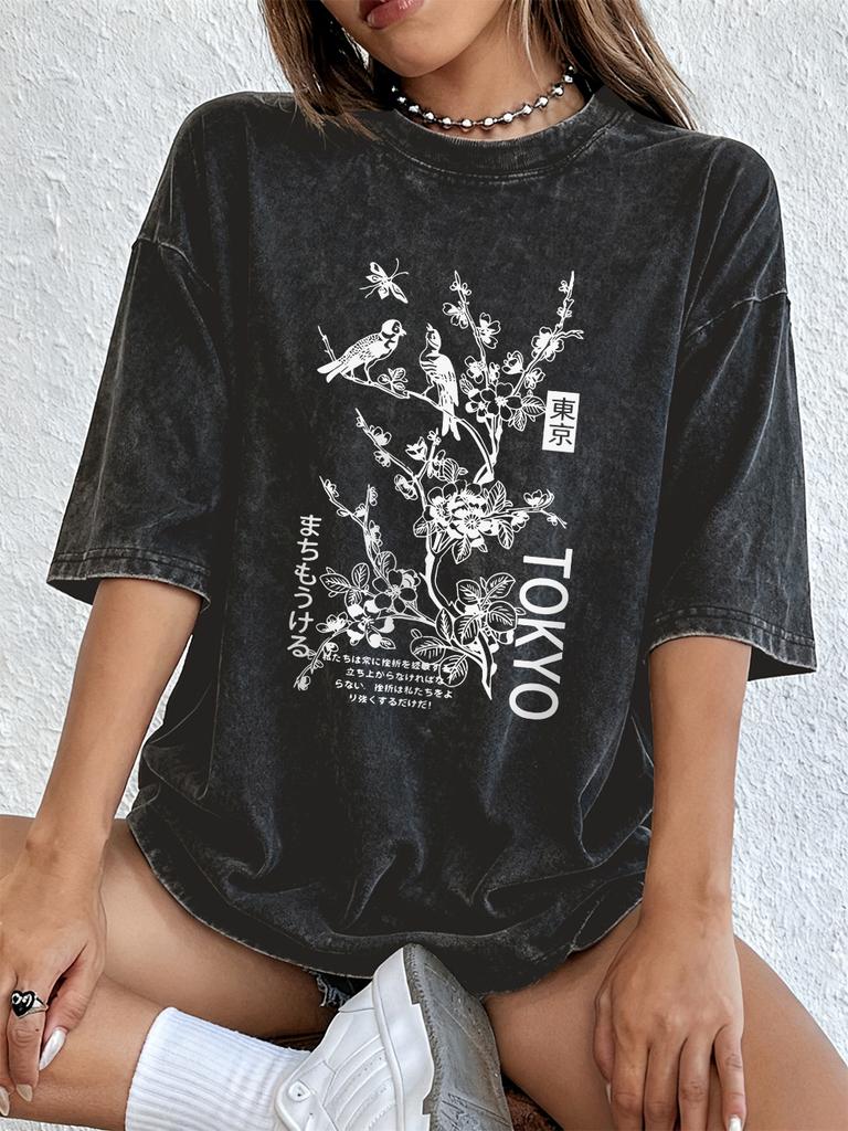 Tokyo Flowers And Birds Cotton Washed TShirts Womens Summer Oversized T Shirt ONeck Short Sleeve Tops Casual Women Clothes