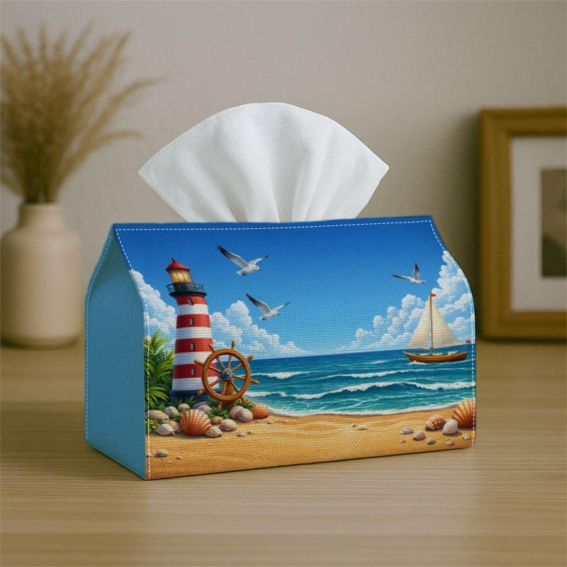 2D Flat 1pc Coastal Nautical Illustration - Fabric Napkin Storage Organizer for Home, Lighthouse Sailboat Blue Sky - Kitchen, Car, Christmas Decor, Mu