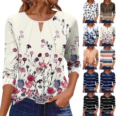 Женская футболка с принтом, плиссированная, рукав 3/4, повседневная, модная, на выходные, базовая, с круглым вырезом, стандартный топ