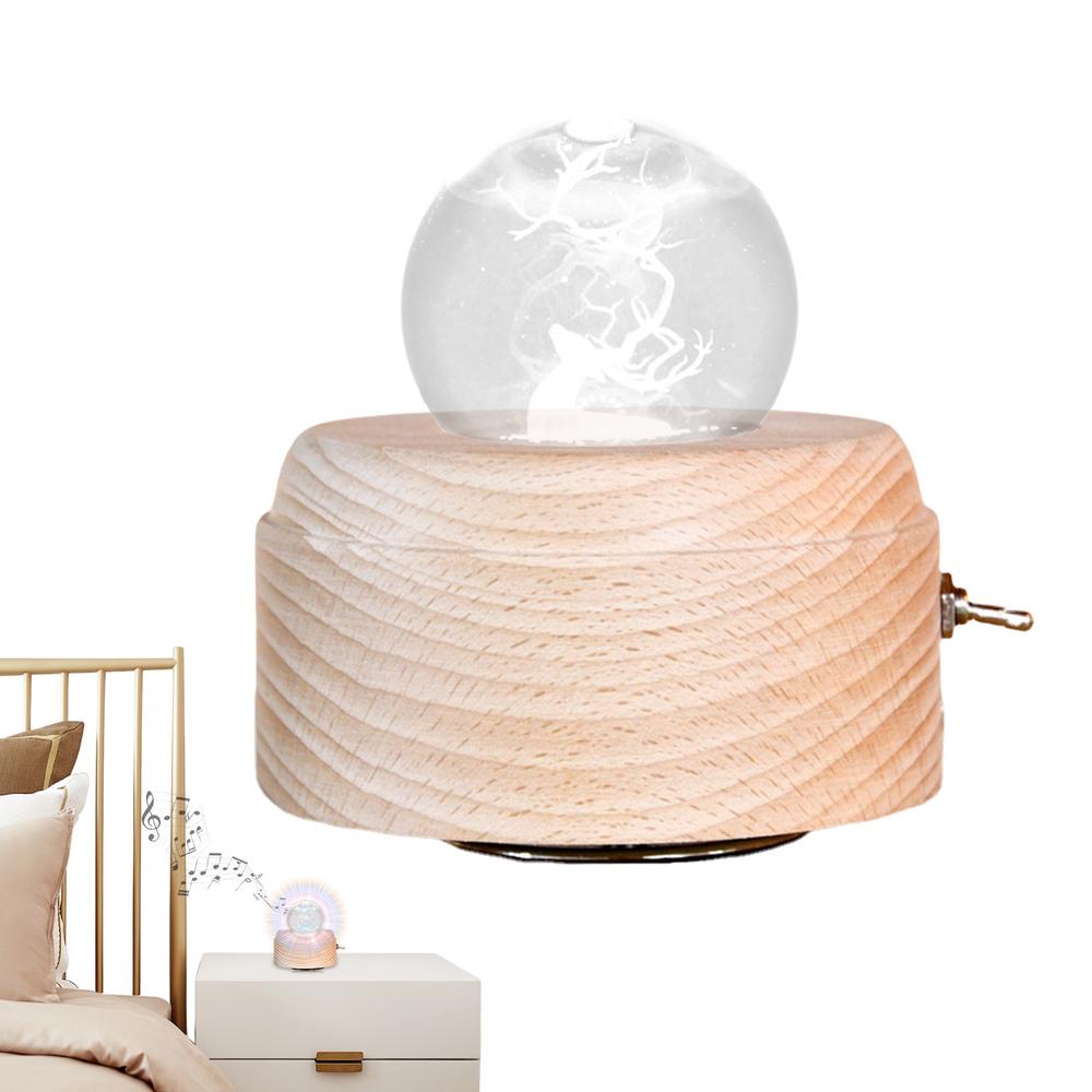 Rotating Musical Box Multifunctional USB Charging Musical Box Crystal Night Light Unique Wooden Bedside Lamp Rotating Wooden