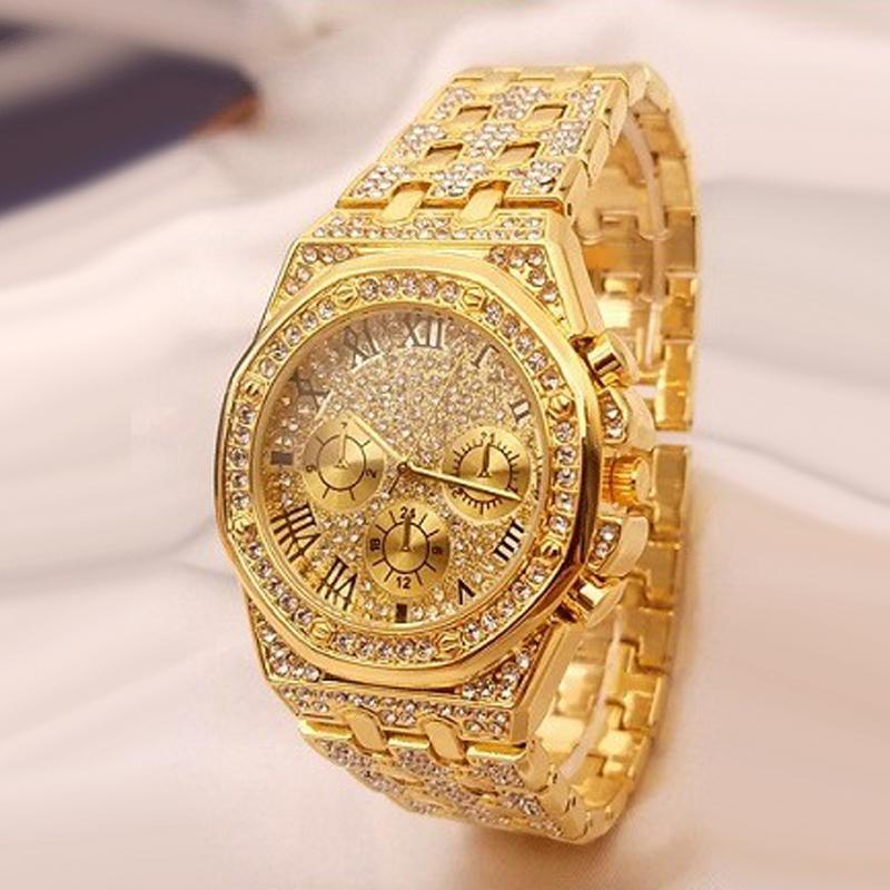 Reloj Hombre Ice Out Watches Luxury Business Yellow Gold Watches Men Full Rhinestone Quartz Wristwatches Male Clock