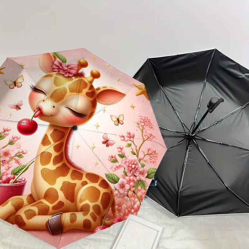 1pc giraffe, cherry Automatic Open/Close Umbrella Compact Folding Umbrella with 8-Rib Shaft for Women/Men, Elegant Birthday1123S
