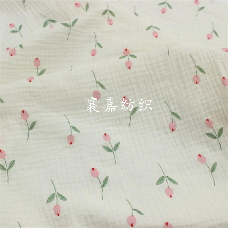 135x50cm Double-Layer Cotton Gauze Crepe Floral Sewing Cloth, for Baby Clothing Home Wear Bedding Shell Fabric