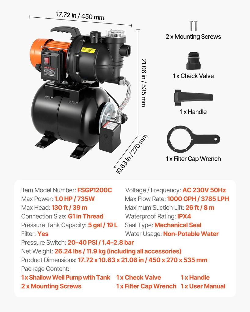735W Shallow Well Pump with Pressure Tank, 3785 LPH, Irrigation Jet Pump with 19L Tank, Filter, Check Valve, Automatic Water Booster System, 1.4-2.8