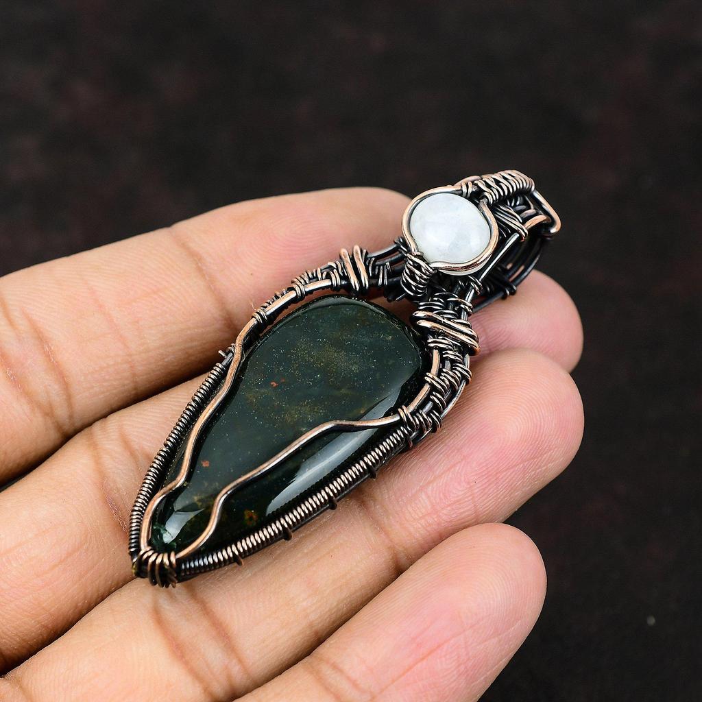 Подвеска из меди с драгоценным камнем-кровавым камнем, обернутая медной проволокой, ювелирное изделие ручной работы, подвеска из проволоки с радужным лунным камнем, подарок для нее, дизайнерские украшения