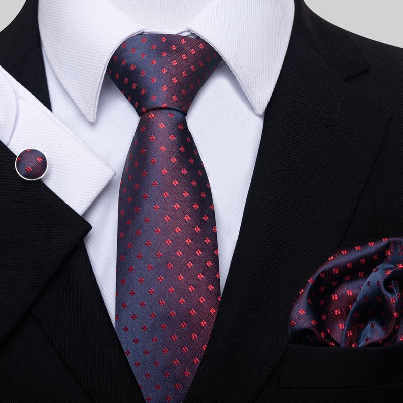 Men's 8cm Solid & Polka Dot Plaid Tie Set with Cufflinks & Pocket Square