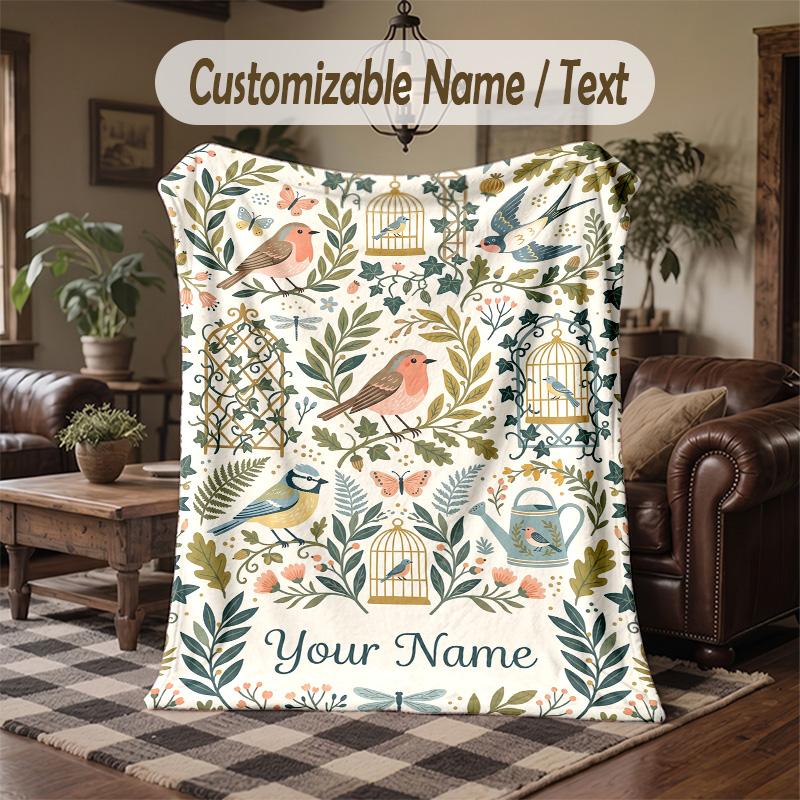 Birds Flowers Theme Throw Blanket Custom Name Text Personalized Blanket Soft Cozy Blanket for Home Sofa Bed