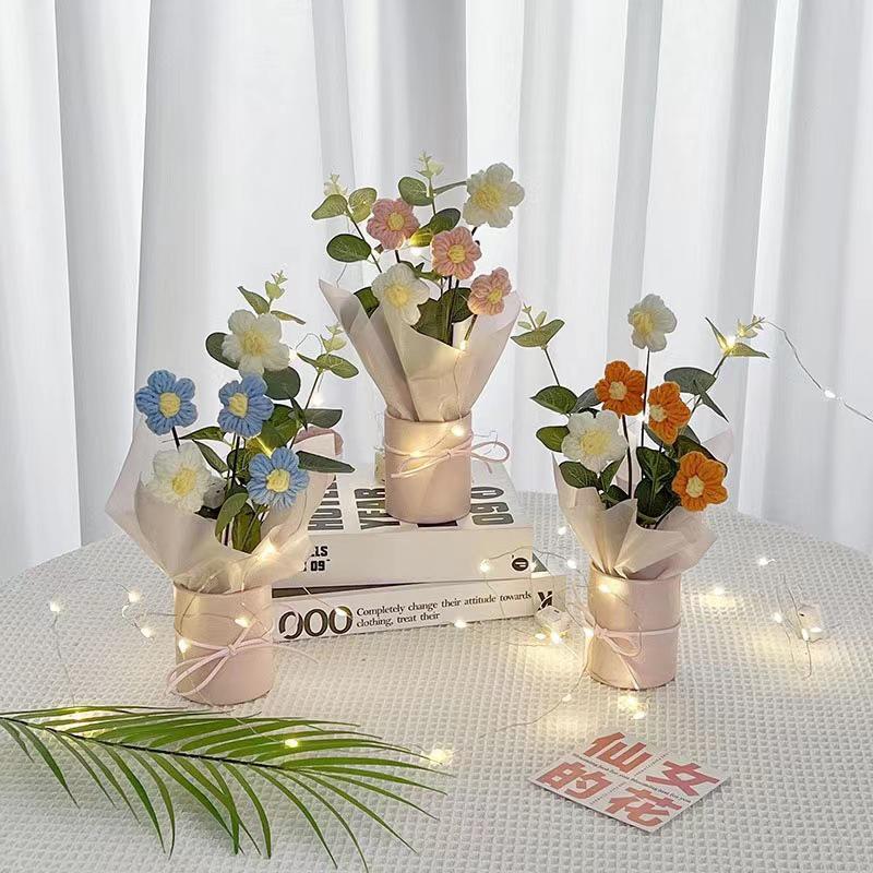 Diy Маленький Свежий Сладкий Упаковка Подарочный Вязаный Плюшевый Слоеный Букет Цветов Ручной Работы Многоцветный