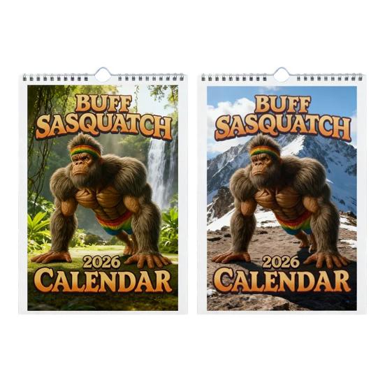 Календарь на стену 2026 Смешной календарь фитнеса Сасквотча 12-месячный календарь Юмористический подарок-прикол на спортивную тематику для мужчин, поклонников криптидов, любителей фитнеса