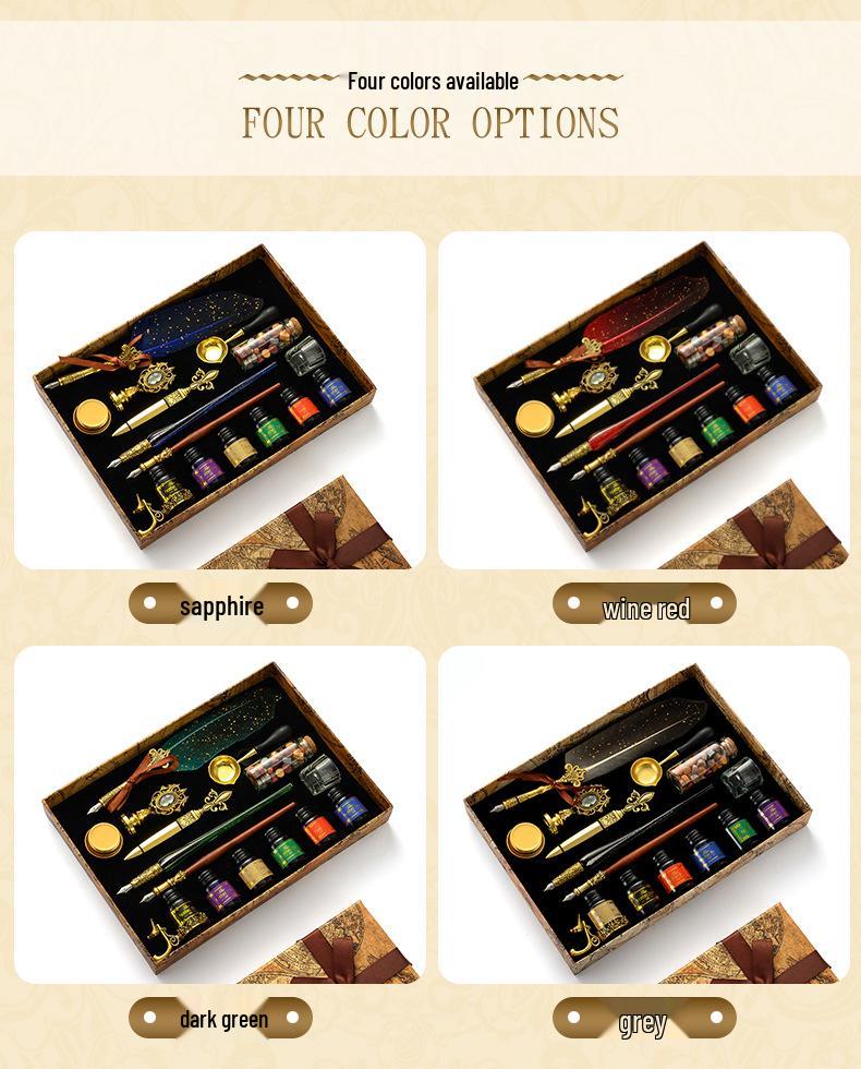 British Style Gold Splatter Feather Pen Set with Custom Logo - Ink Dipping Set, Birthday Gift