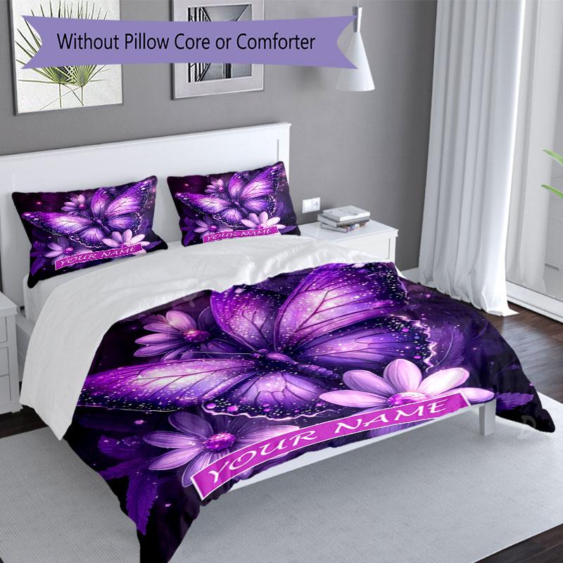 3pcs Custom Name Purple Butterfly Fantasy Bedding Set Printed Bedding Set Duvet Cover Closure Includes 1 Duvet Cover & 2 Pillowcases Bedroom Decor