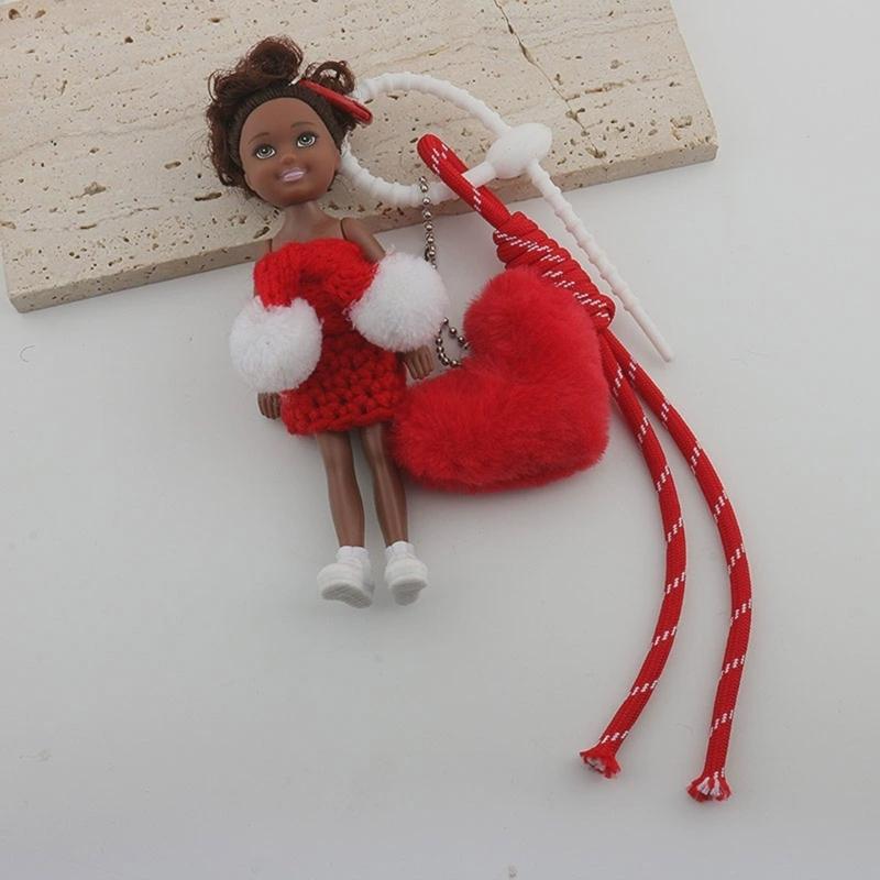 Curly Hair Doll Pendant Keychain with Heart and Braided Rope Backpack Charm Bag Ornament for Stylish Women and Girls