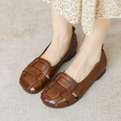 Мода 2025 Новые лоферы с вырезами и плетением Женские коричневые мокасины Женская винтажная обувь Слипоны Повседневные ретро лоферы