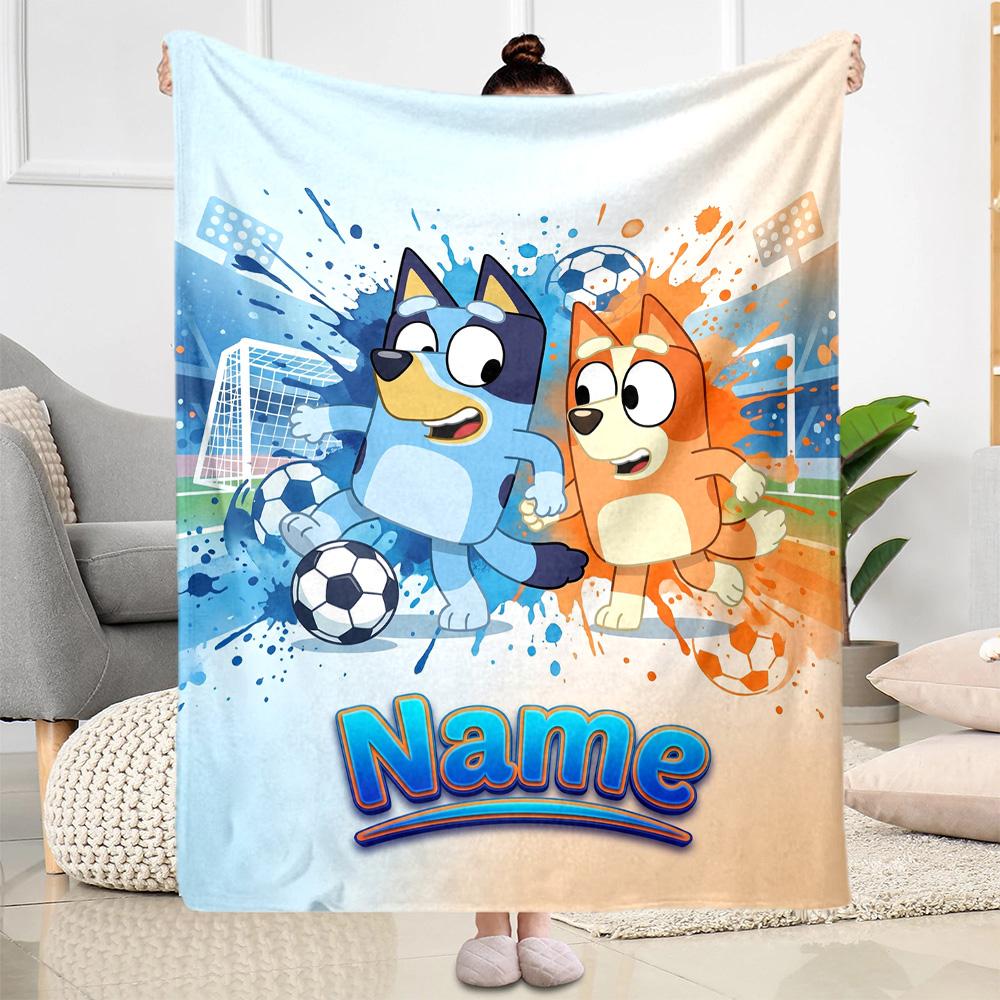 Soccer Fun Bluey Customize Text Blanket Gift Personalized Blanket Ultra-Soft Great for Living Room Bed Livingroom Nap Ideal for All Seasons