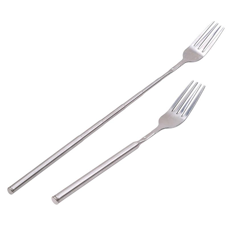 Silver Stainless Telescopic Extendable Fork Dinner Fruit Dessert Long Cutlery Forks Bbq Meat Fork Kitchen Dinnerware Tableware
