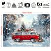 Red retro bus Christmas background winter forest scene and gifts universal holiday party decoration